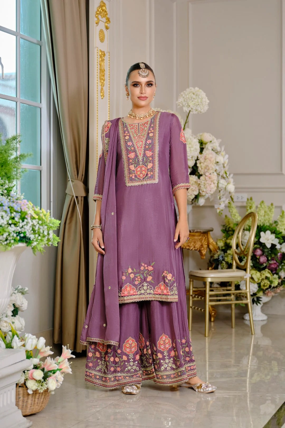 Evanik Luxury Wedding Lavender Embroidered Kurta Palazzo Set - Distacart