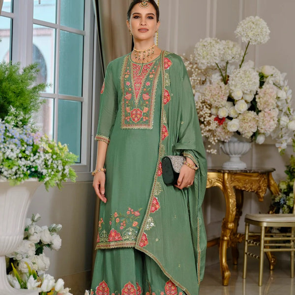 Evanik Luxury Wedding Sea Green Embroidered Kurta Palazzo Set - Distacart