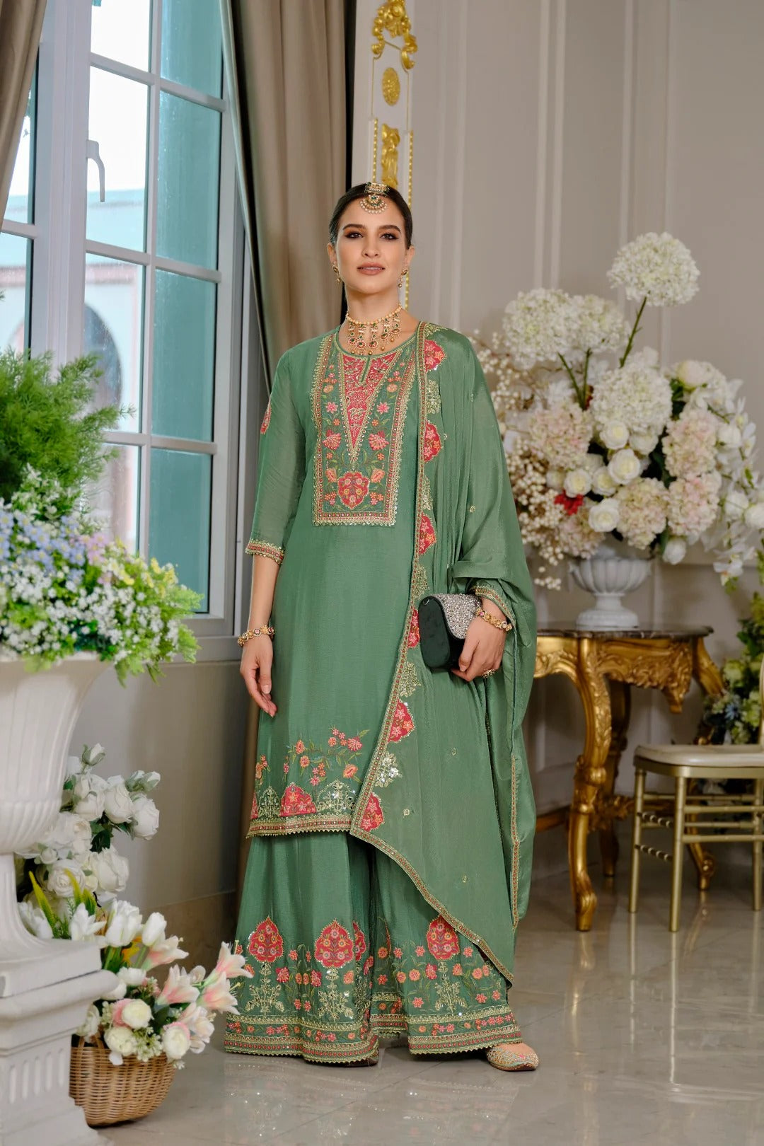 Evanik Luxury Wedding Sea Green Embroidered Kurta Palazzo Set - Distacart