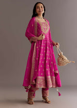 Thumbnail for Teeya Creation Pink Color Chinnon Silk Embroidery Work Gown - Distacart