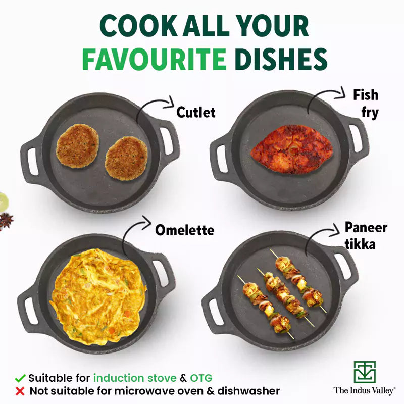 The Indus Valley CASTrong Cast Iron Fish Fry Pan, Pre-seasoned, Nonstick, 100% Pure, Toxin-free, Induction, 22.4/25cm, 1.5kg/2kg