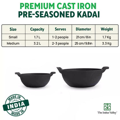 The Indus Valley CASTrong Cast Iron Kadai, Pre-seasoned, Nonstick, 100% Pure, Toxin-free, Induction, 21/25cm, 1.7L/3.3kg - Distacart