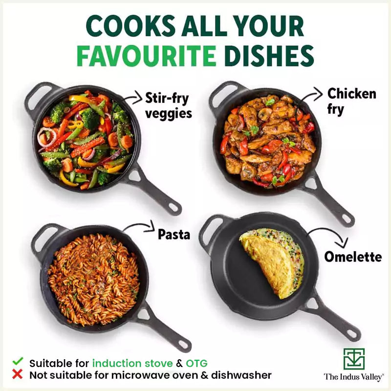 The Indus Valley CASTrong Cast Iron Fry Pan/Skillet, Pre-seasoned, Nonstick, 100% Pure, Toxin-free, Induction,Spatula, 25.4cm, 1.7L, 2.3kg