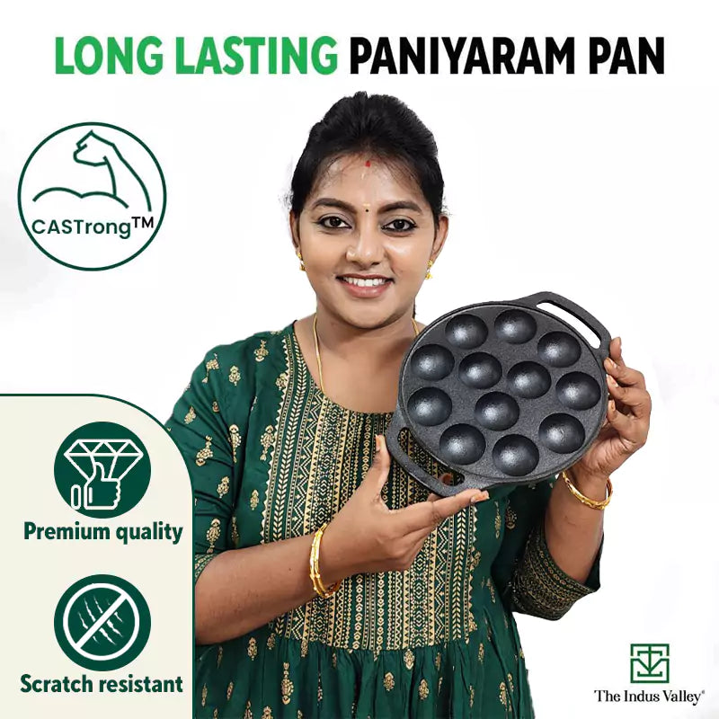 The Indus Valley 12 Pit/Cup CASTrong Cast Iron Kuzhi Paniyaram/Paddu Pan/Appe Maker, Pre-seasoned, 100% Pure, Toxin-free, Spatula, 21 cm, 2.2 kg