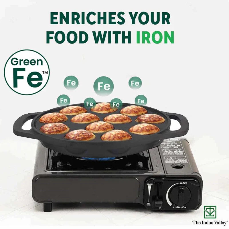 The Indus Valley 12 Pit/Cup CASTrong Cast Iron Kuzhi Paniyaram/Paddu Pan/Appe Maker, Pre-seasoned, 100% Pure, Toxin-free, Spatula, 21 cm, 2.2 kg