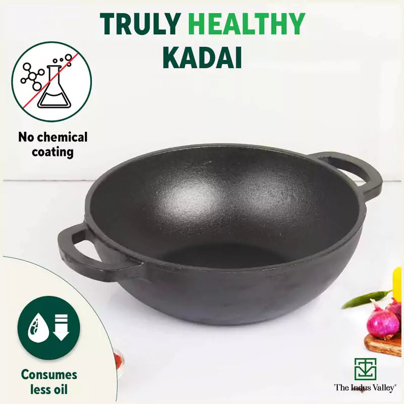 The Indus Valley CASTrong Cast Iron Kadai ,Pre-seasoned, Nonstick, 100% Pure, Toxin-free, Induction, Spatula, 25.4 cm, 2.3L, 2.5kg