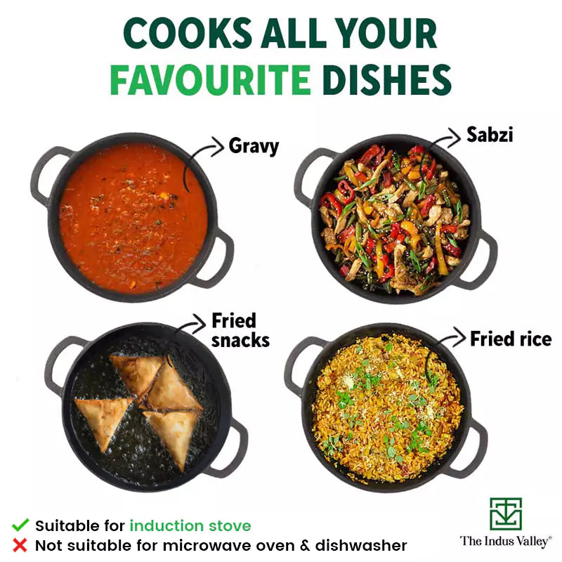 The Indus Valley CASTrong Cast Iron Kadai ,Pre-seasoned, Nonstick, 100% Pure, Toxin-free, Induction, Spatula, 25.4 cm, 2.3L, 2.5kg