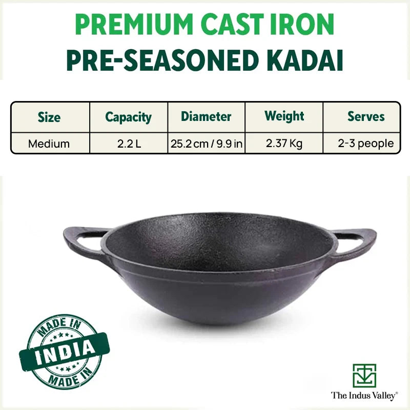 The Indus Valley CASTrong Cast Iron Kadai, Pre-seasoned, Nonstick, 100% Pure, Toxin-free, Spatula, 25.2cm, 2.2L, 2.37kg