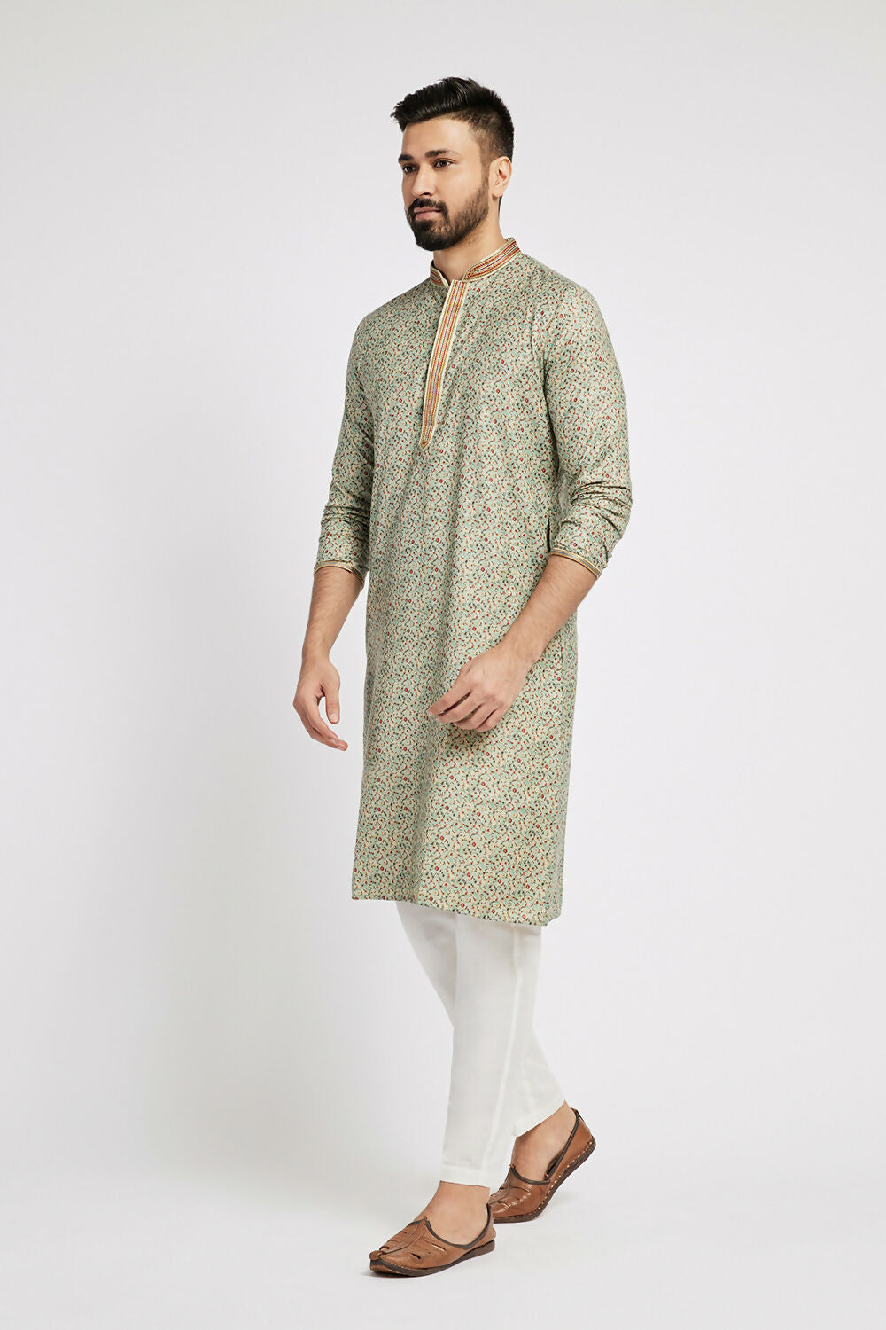 Ethnic India Blue Men's Kurta Floral Polyester - Distacart