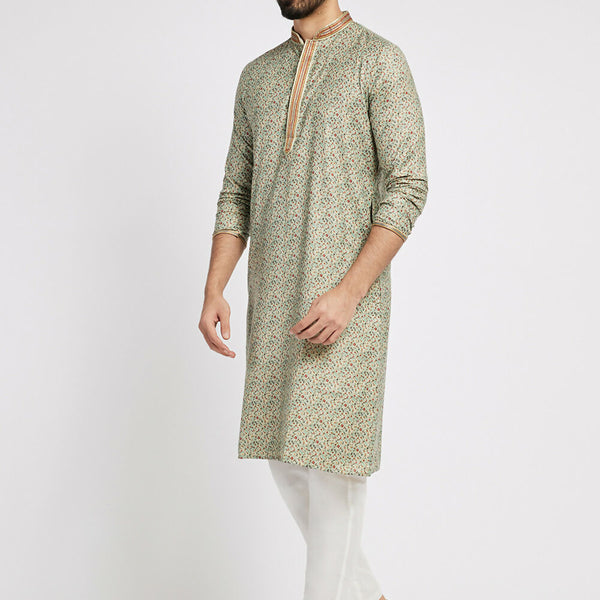 Ethnic India Blue Men's Kurta Floral Polyester - Distacart