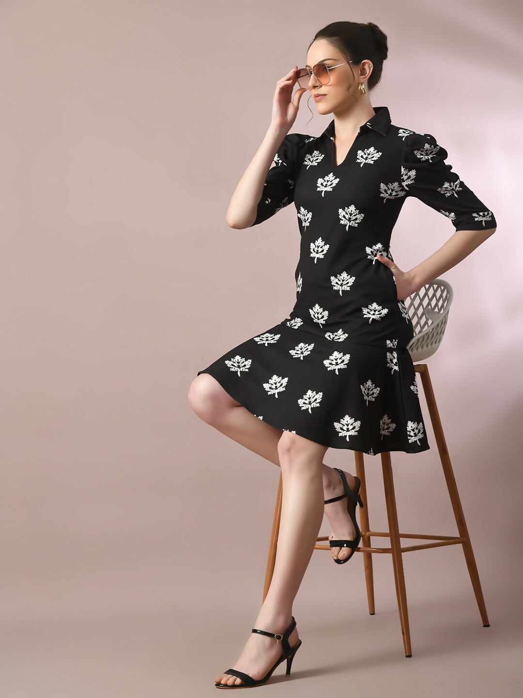 Myshka Women's Black Printed Shirt Collar Fit and Flare Party Dress - Distacart