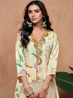 Thumbnail for Sangria Off White Floral Printed V-Neck Three-Quarter Sleeves A-Line Kurta & Trouser