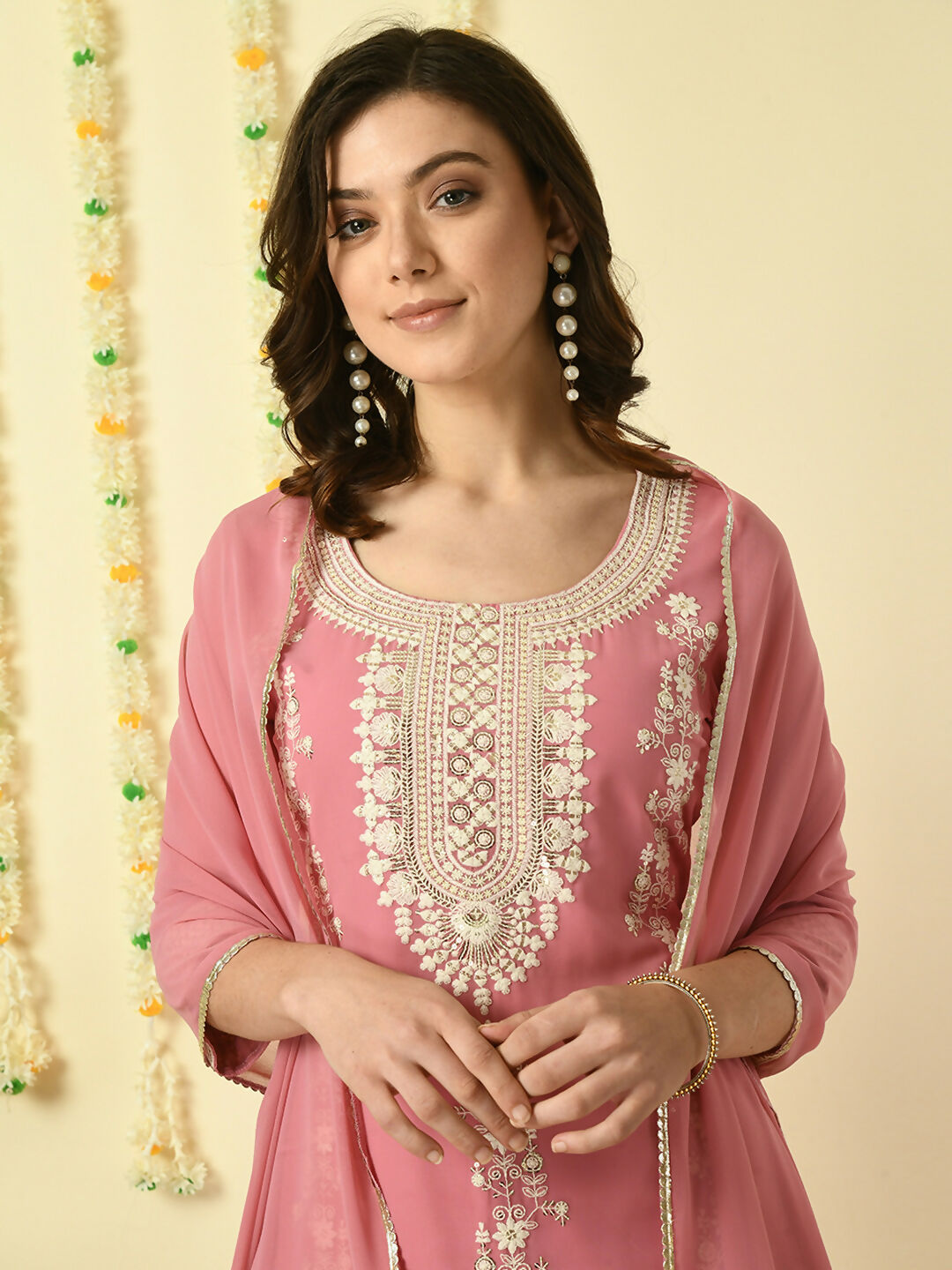 Myshka Women's Pink Georgette Kurta & Skirt With Dupatta Party Sets - Distacart