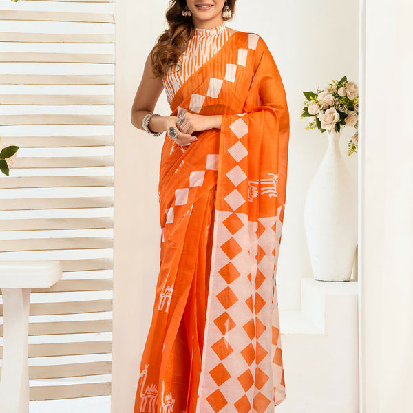 Vastranavya Orange Digital Printed Linen Ready To Wear Designer Saree with Unstitched Blouse - Distacart
