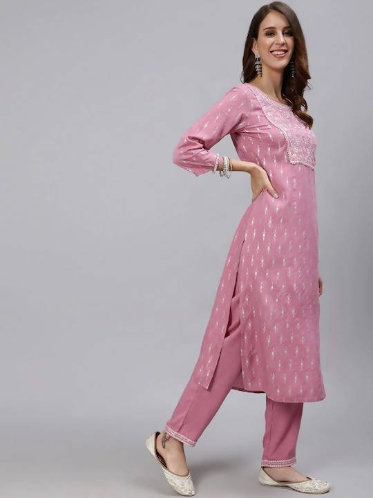 Anubhutee Mauve Ethnic Motifs Yoke Design Regular Mirror Work Kurta with Trousers - Distacart