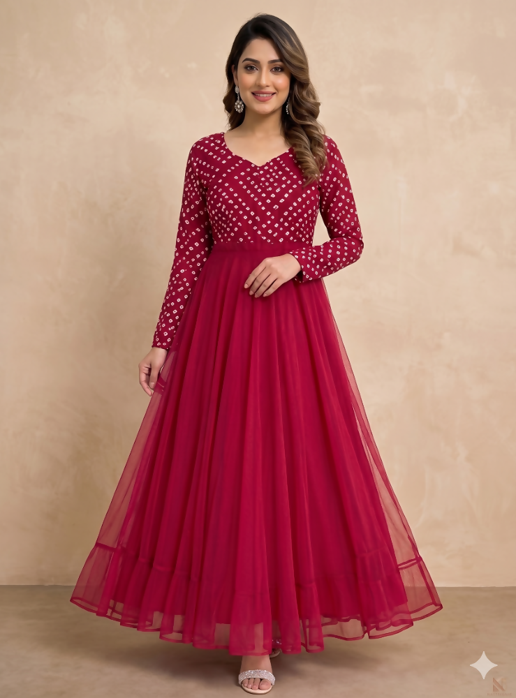 Teeya Creation Women's Pink Bandhani Print Anarkali Gown - Dista