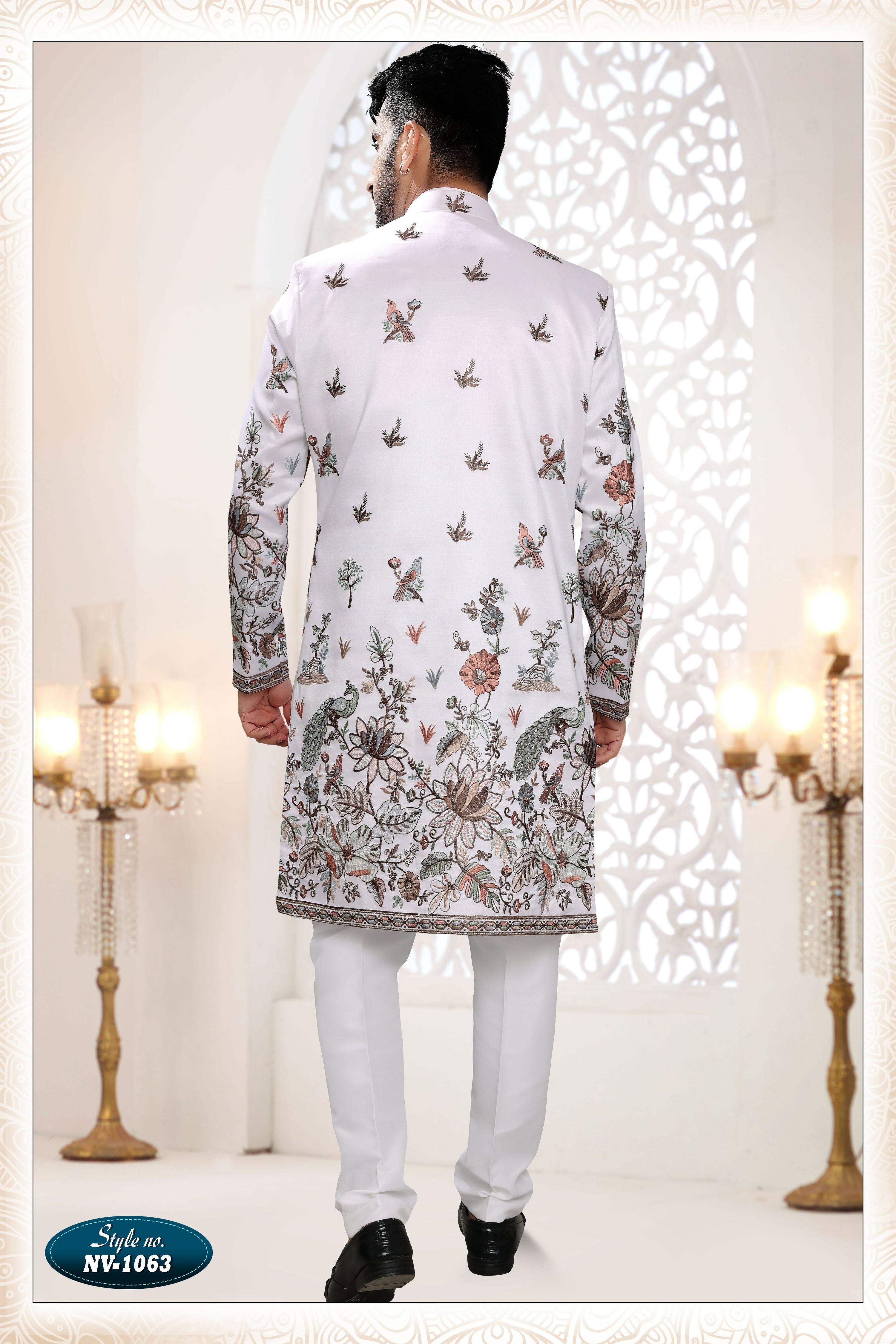 Joban Fashion Men's White Straight Silk Thread And Sequence Embroidery All Over 3 Pc Kurta Set - Distacart