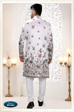 Thumbnail for Joban Fashion Men's White Straight Silk Thread And Sequence Embroidery All Over 3 Pc Kurta Set - Distacart