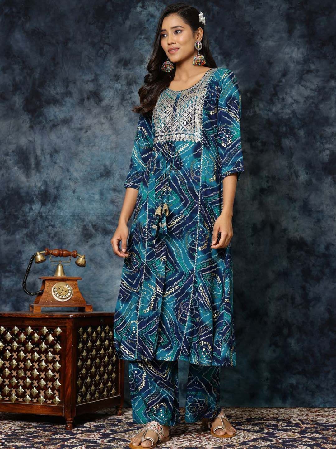 Sangria Bandhani Print & Embroidered Kurta Palazzo & Dupatta Set