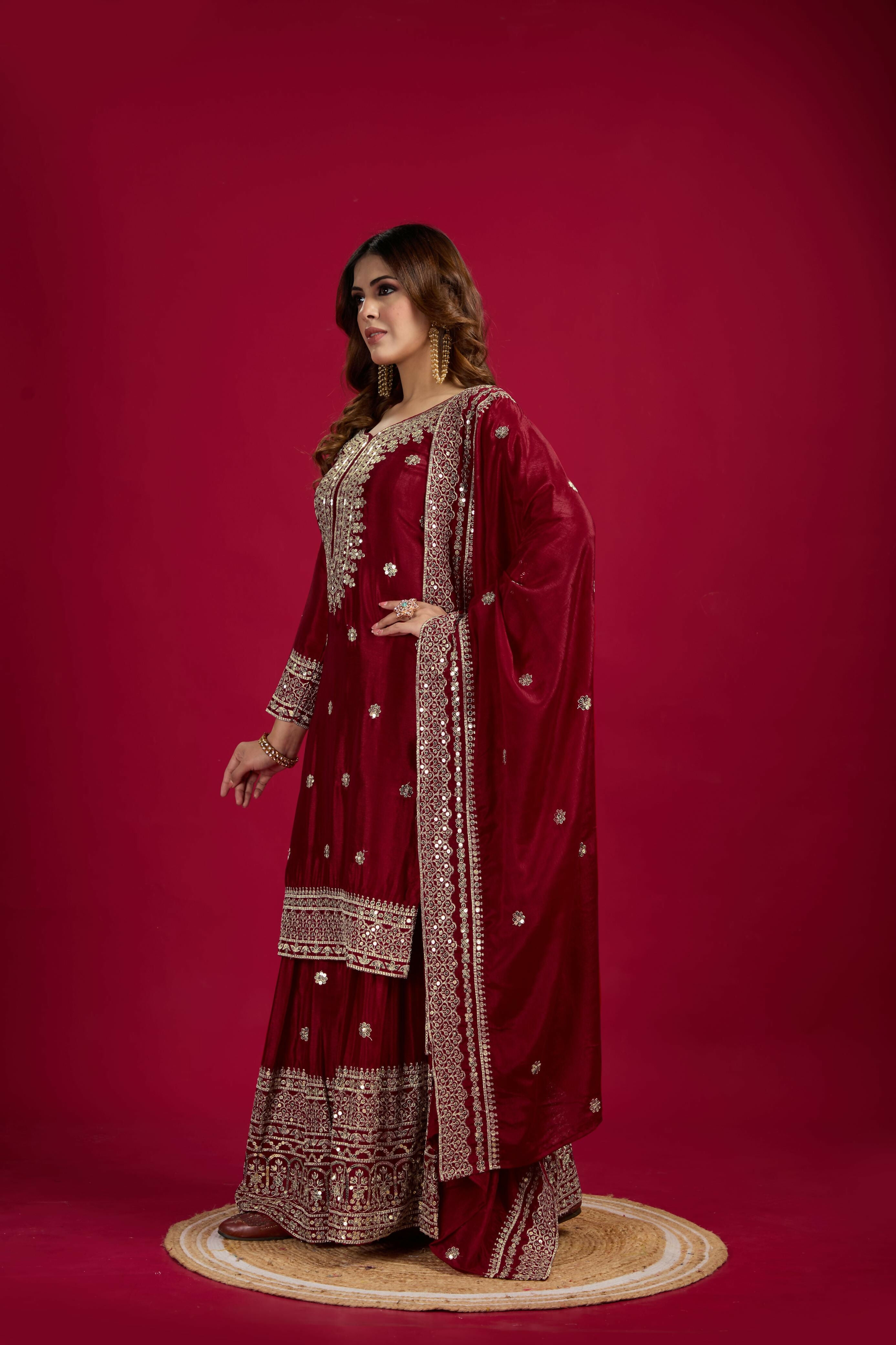 Joban Fashion Maroon Kurta Set Silk Sequins , Zari, Coding & Thread Embroidered work - Distacart