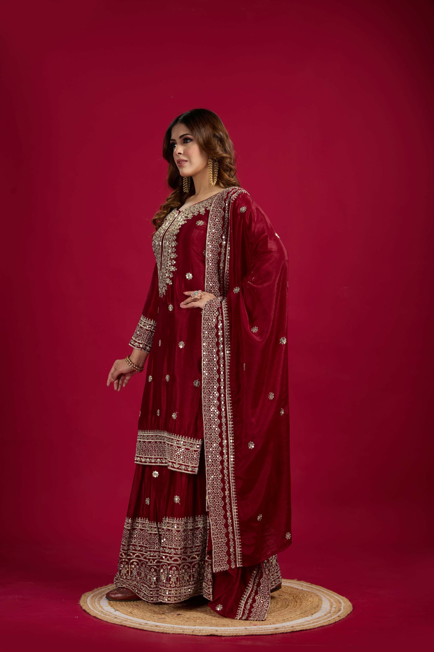 Joban Fashion Maroon Kurta Set Silk Sequins , Zari, Coding & Thread Embroidered work - Distacart
