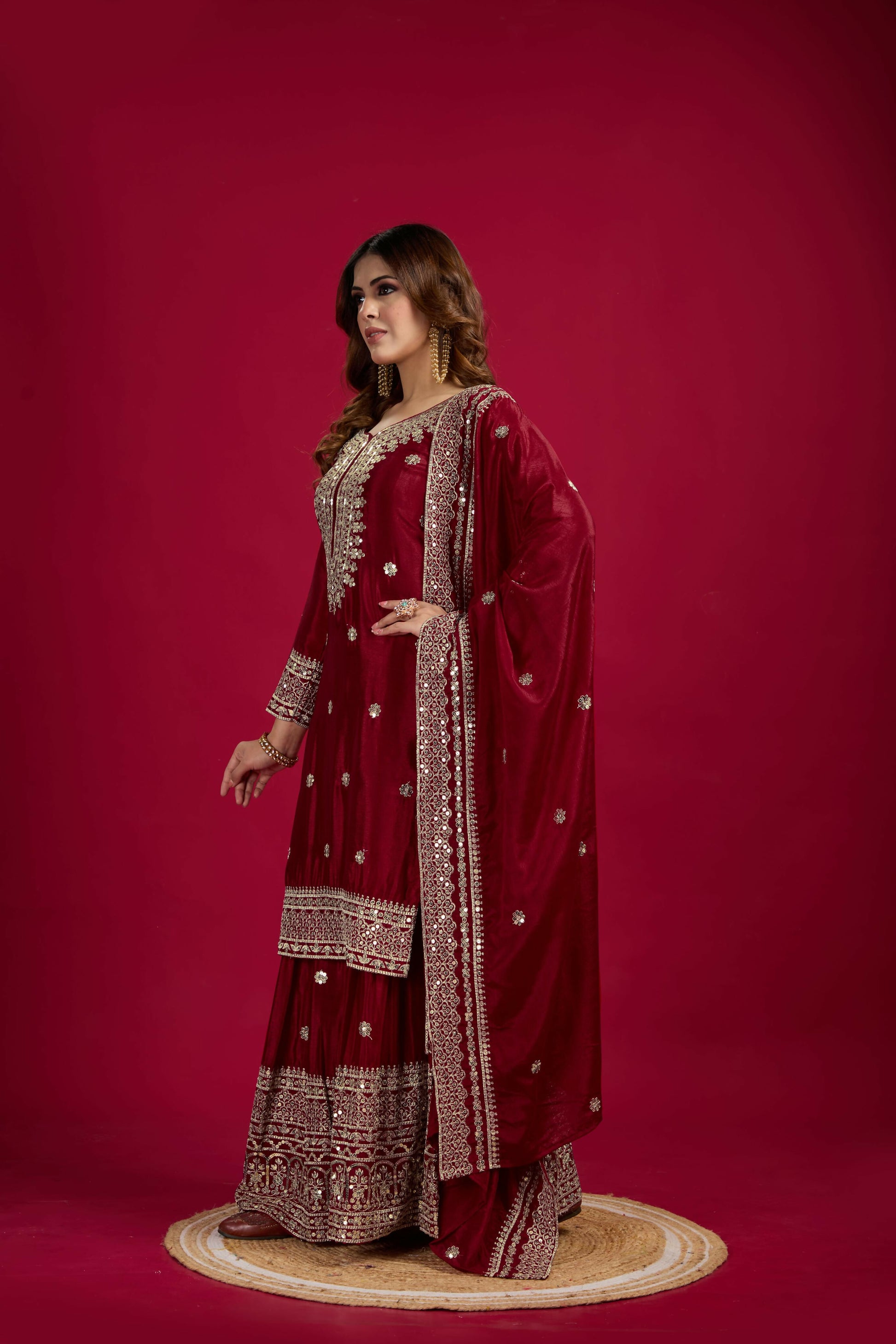 Joban Fashion Maroon Kurta Set Silk Sequins , Zari, Coding & Thread Embroidered work - Distacart