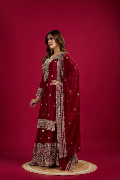 Joban Fashion Maroon Kurta Set Silk Sequins , Zari, Coding & Thread Embroidered work - Distacart