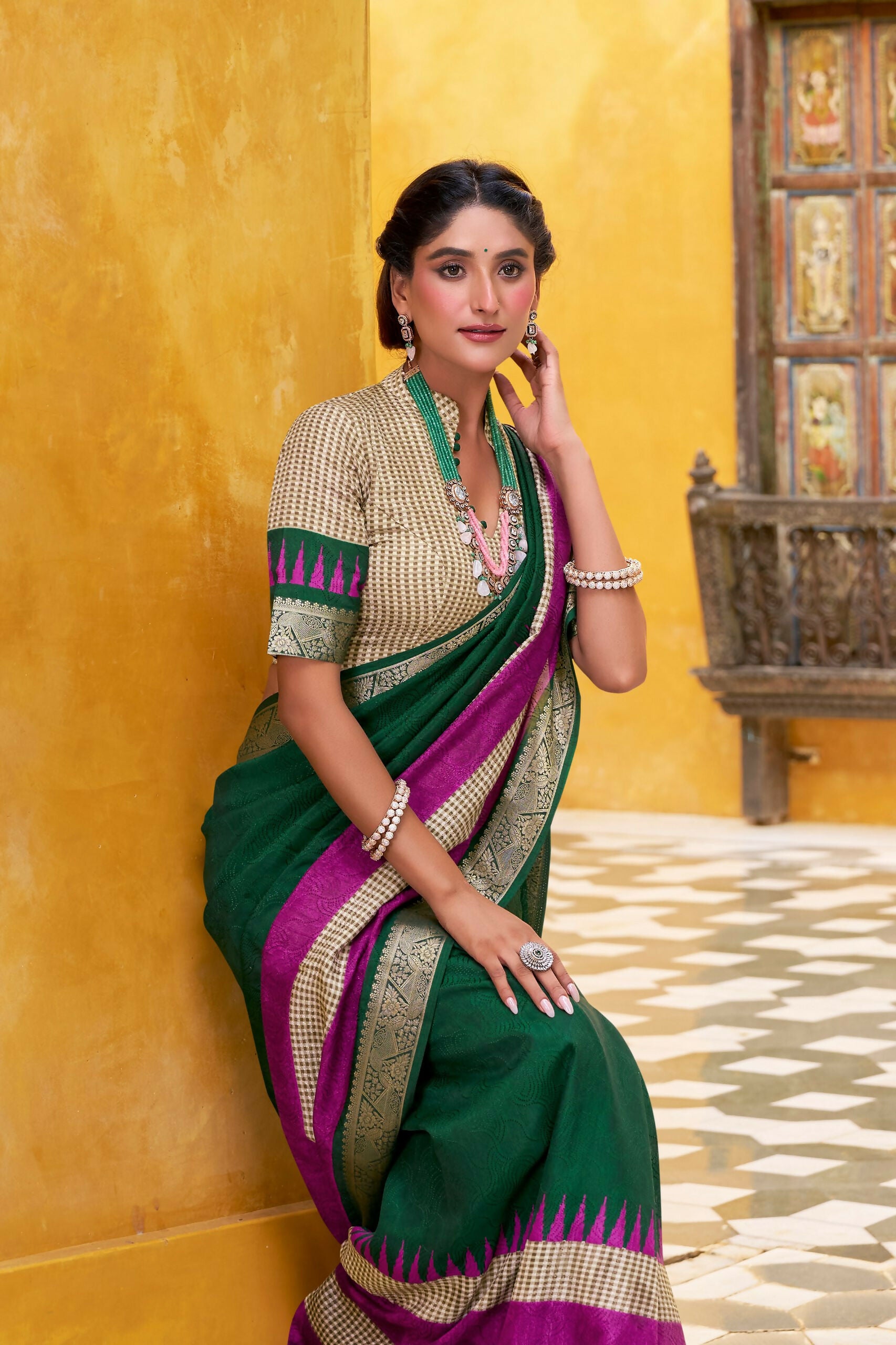 Vastranavya Green Printed with Zari Weaving Work Poly Cotton Saree & Unstitched Blouse - Distacart