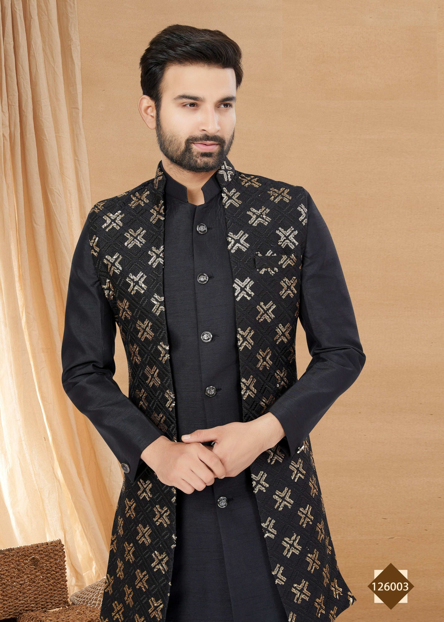 Joban Fashion Men's Black Heavy Art Silk Plain Indowestern - Distacart
