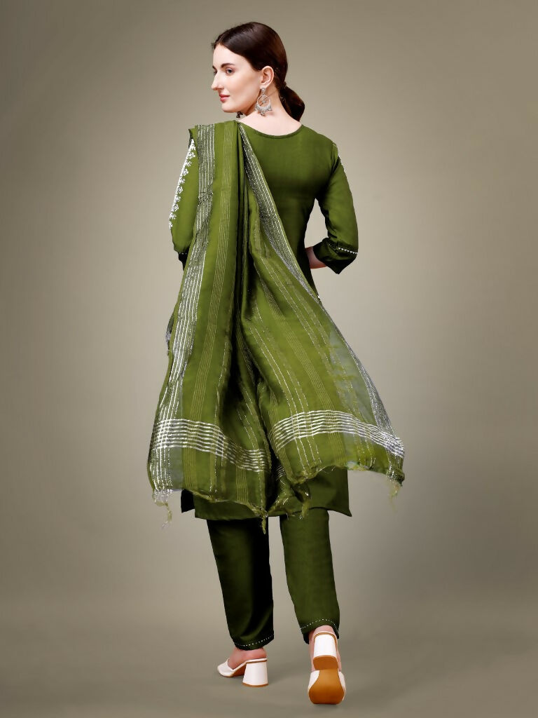 Jyoti Fashion Women's Mehendi Cotton Blend Embroidery & Sequence work Kurta with Trouser & Dupatta - Distacart