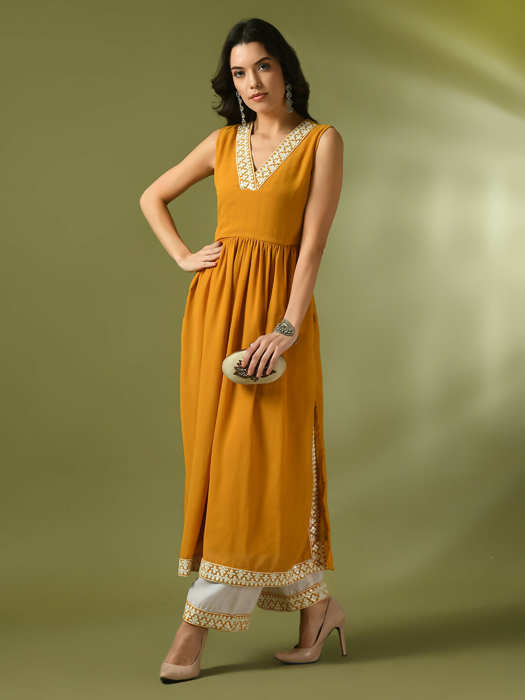 Myshka Women's Yellow Solid Georgette Anarkali Party Kurta Set - Distacart