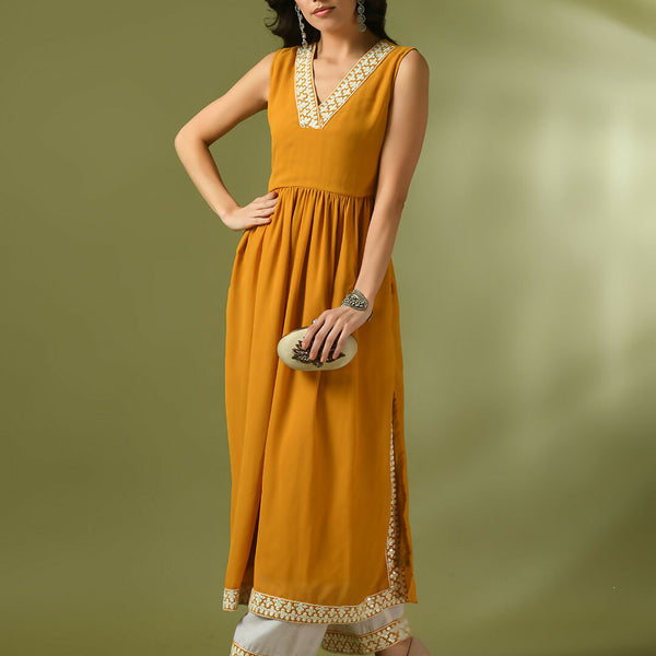 Myshka Women's Yellow Solid Georgette Anarkali Party Kurta Set - Distacart
