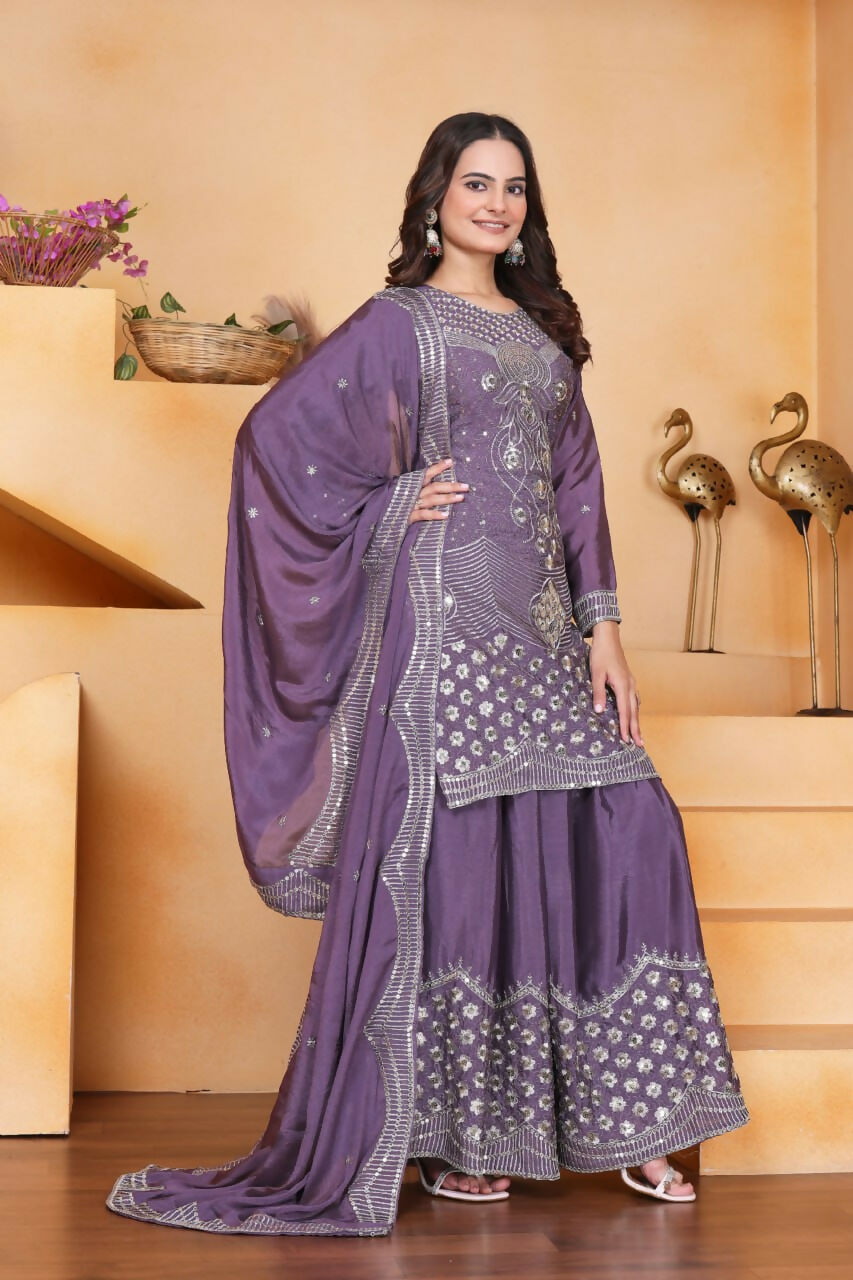 Joban Fashion Purple Silk Embroidered Sharara Set - Distacart