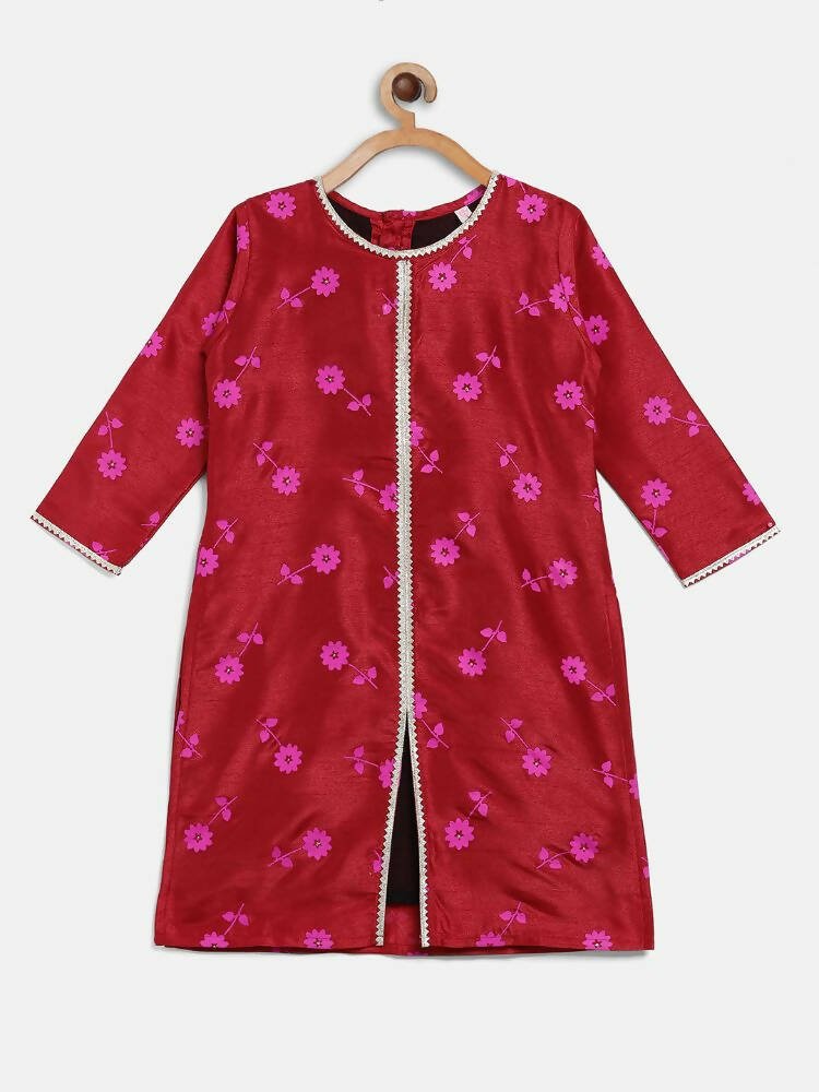 Ahalyaa Red Poly Silk Straight Printed Kids Kurta Palazzo Set For Girls - Distacart