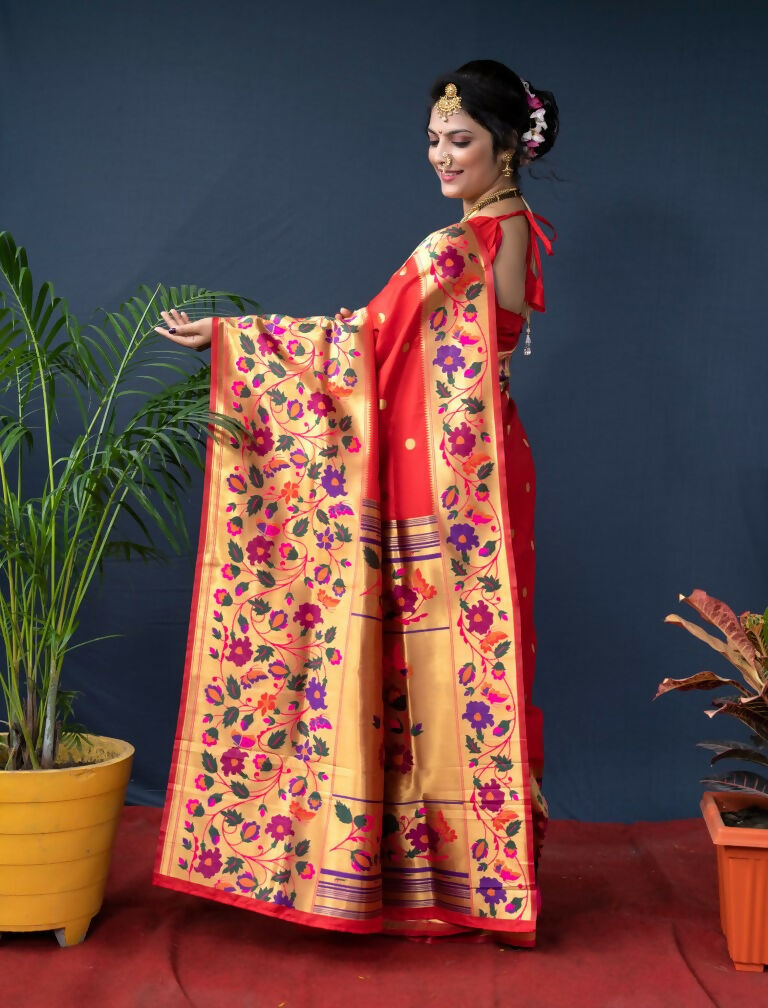 Jyoti Fashion Women's Red Paithani Silk Zari Woven Saree with Blouse - Distacart