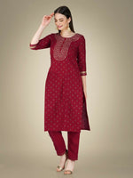 Thumbnail for Jyoti Fashion Women's Maroon Cotton Magic Slub Embroidery & Sequence work Kurta with Trouser & Dupatta - Distacart