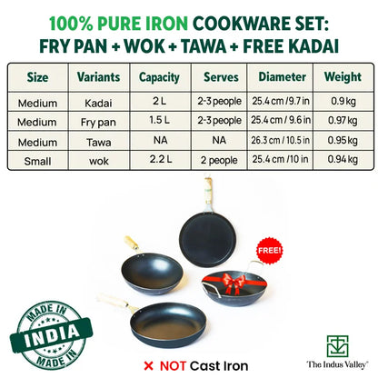 The Indus Valley 100% Pure Iron Cookware Set: Tawa+ Fry Pan+ Wok, Toxin-free Sheet Iron, Pre-seasoned, Induction & Gas, Kitchen Set for Home, Kadai - Distacart