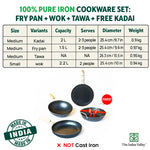 Thumbnail for The Indus Valley 100% Pure Iron Cookware Set: Tawa+ Fry Pan+ Wok, Toxin-free Sheet Iron, Pre-seasoned, Induction & Gas, Kitchen Set for Home, Kadai