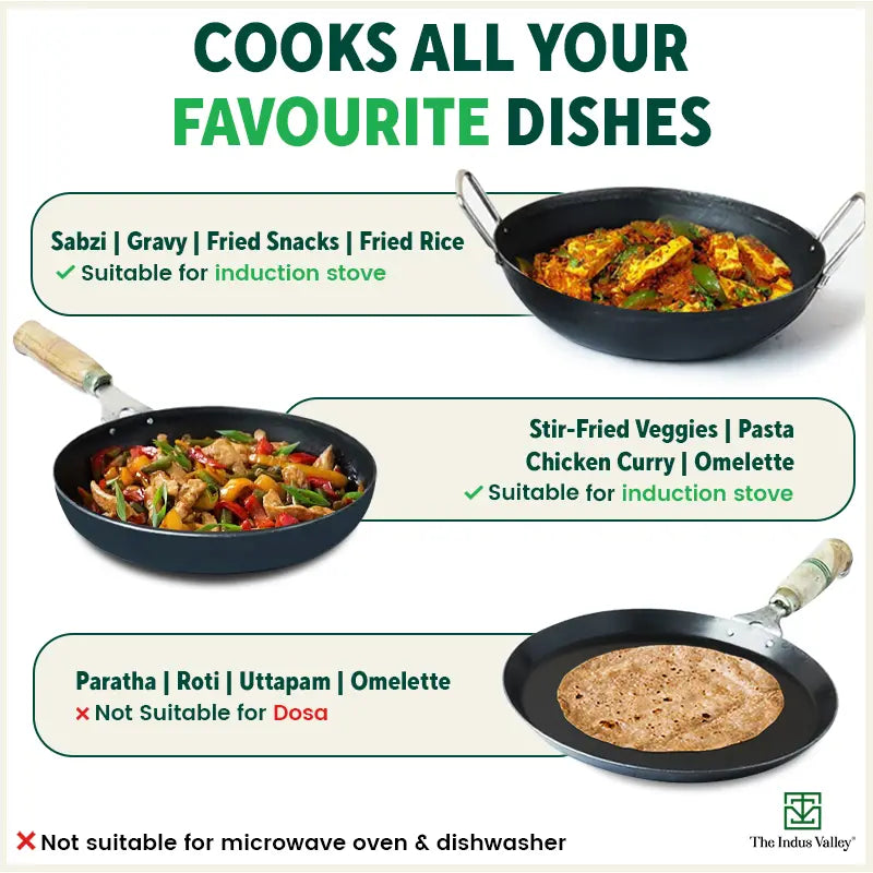 The Indus Valley 100% Pure Iron Cookware Set: Kadai+ Tawa+ Fry Pan, Toxin-free Sheet Iron, Pre-seasoned, Induction & Gas, Kitchen Set for Home, Tadka Pan