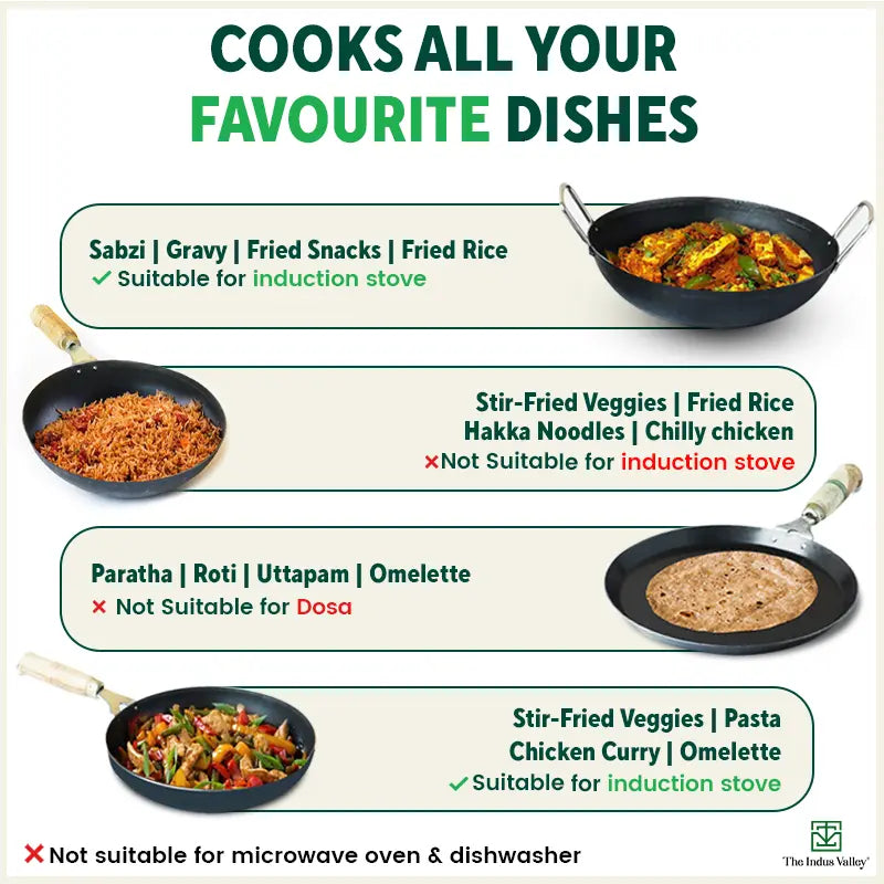The Indus Valley 100% Pure Iron Cookware Set: Tawa+ Fry Pan+ Wok, Toxin-free Sheet Iron, Pre-seasoned, Induction & Gas, Kitchen Set for Home, Kadai