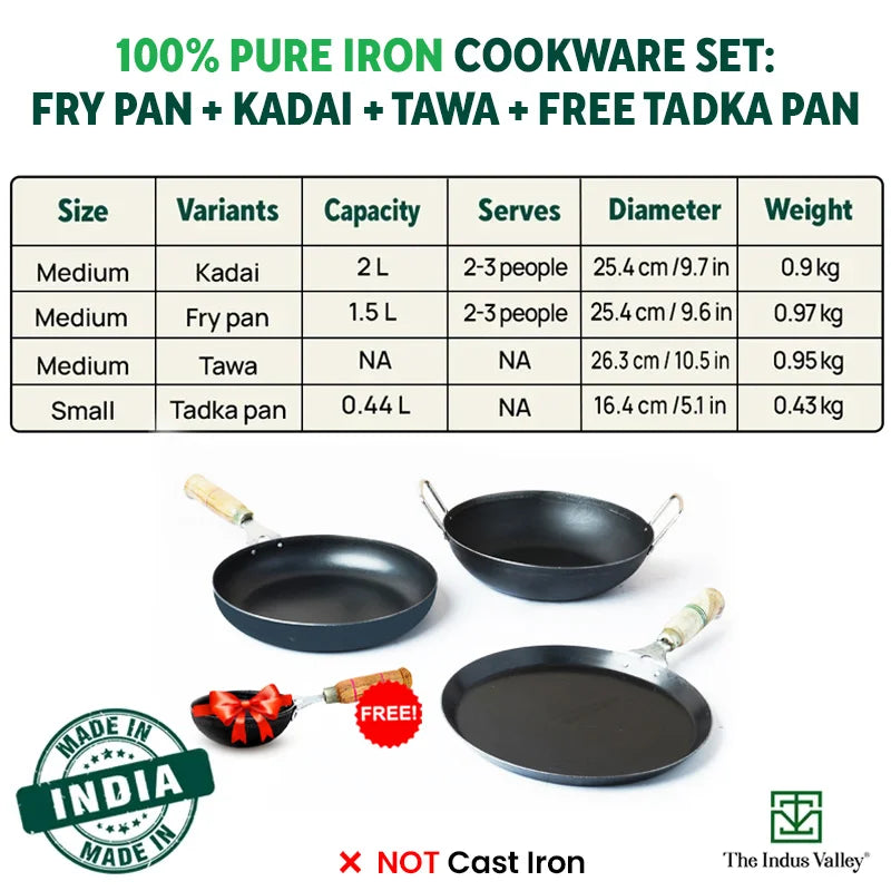 The Indus Valley 100% Pure Iron Cookware Set: Kadai+ Tawa+ Fry Pan, Toxin-free Sheet Iron, Pre-seasoned, Induction & Gas, Kitchen Set for Home, Tadka Pan