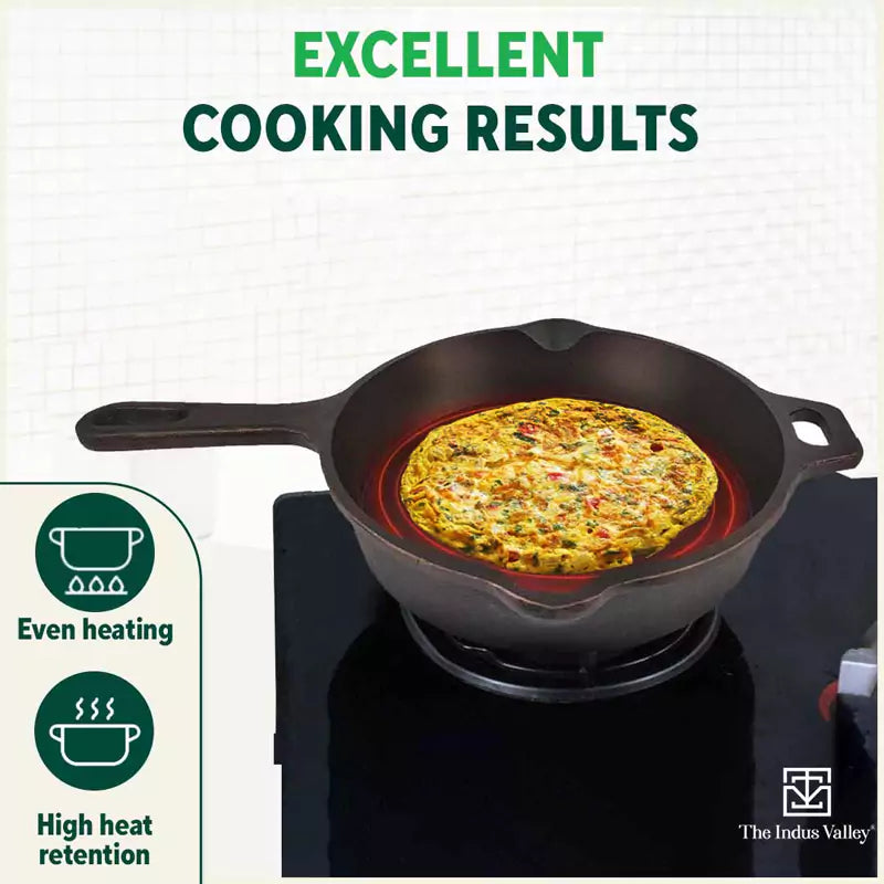 The Indus Valley Super Smooth Cast Iron Frypan+ Free ₹110 Spatula, Pre-seasoned, Nonstick, 100% Pure,Toxin-free, 25.4cm, 1.7L, 2.4kg