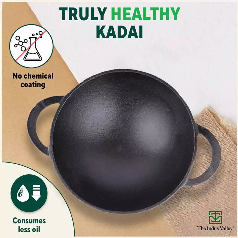 The Indus Valley CASTrong Cast Iron Kadai, Pre-seasoned, Nonstick, 100% Pure, Toxin-free, 20.3cm, 1.4L, 1.5kg