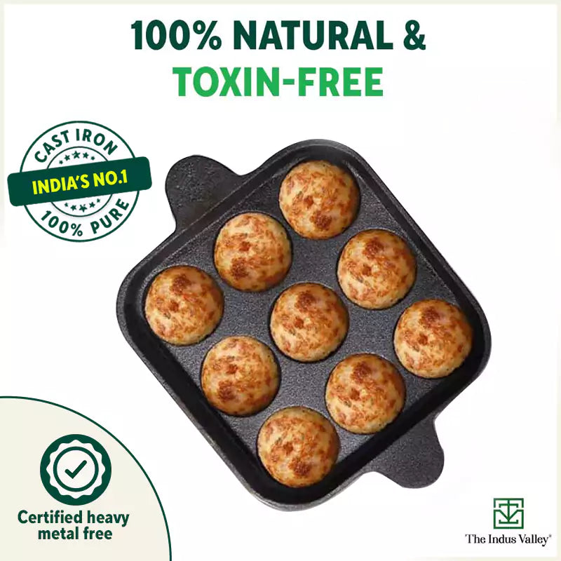The Indus Valley 9 Pit/Cup CASTrong Cast Iron Paniyaram/Appe Pan+ Spatula, Pre-seasoned, Natural Nonstick, 100% Pure, Toxin-free, 18.2 cm, 1.34 kg