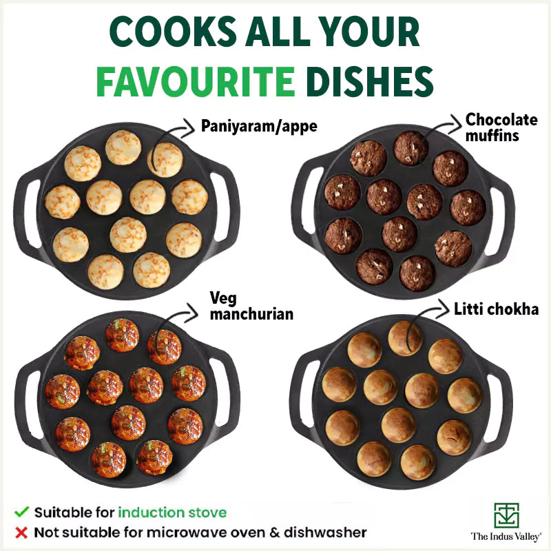 The Indus Valley 12 Pit/Cup CASTrong Cast Iron Kuzhi Paniyaram/Paddu Pan/Appe Maker, Pre-seasoned, 100% Pure, Toxin-free, Spatula, 21 cm, 2.2 kg