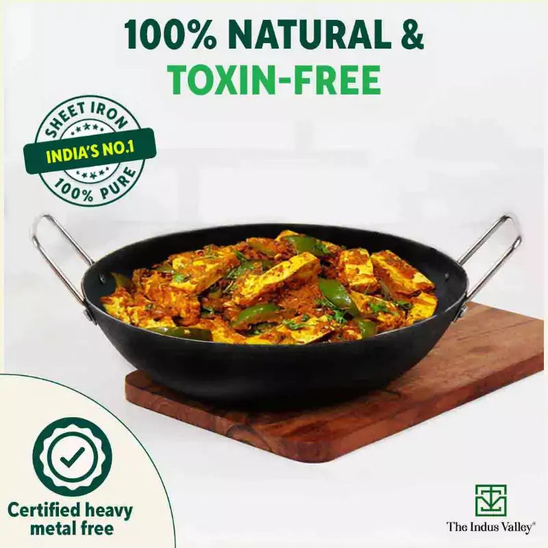 The Indus Valley 100% Pure Iron Cookware Set: Kadai+ Tawa+ Fry Pan, Toxin-free Sheet Iron, Pre-seasoned, Induction & Gas, Kitchen Set for Home, Tadka Pan
