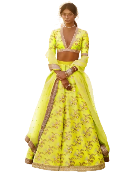 Tulsi Art Neon Embroidery Thai Silk Bridal Lehenga Choli - Dista