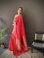 Thumbnail for Joban Fashion Hot Pink Jacquard Butti Soft Lichi Silk Paithani Saree - Distacart