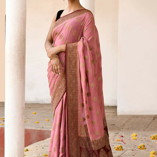 Joban Fashion Nude Pink Crepe Chiffon Pure Handloom Banarasi Silk Saree - Dista