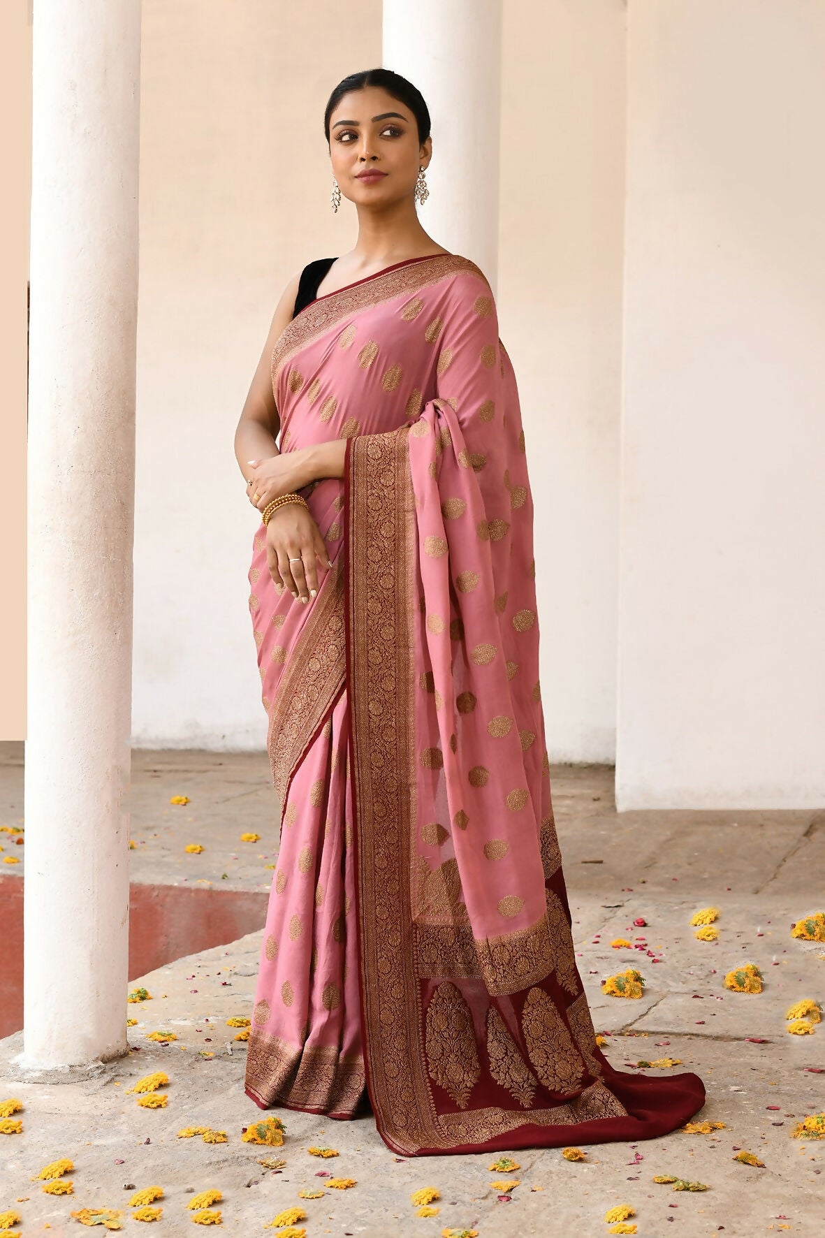 Joban Fashion Nude Pink Crepe Chiffon Pure Handloom Banarasi Silk Saree - Dista